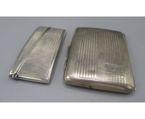 An engine turned silver cigarette case and an engine turned silver card case, 3.1oz.