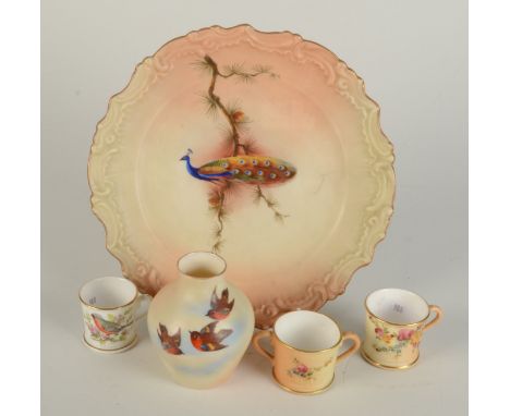 A Locke & co Worcester blush ivory cabinet plate, decorated with a peacock, diameter 21.5cm, a Locke & Co vase decorated with