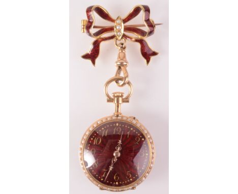 A good Swiss 18ct gold cased keyless fob watch, the dial and back with radiating guilloche red enamel, the back with gilding 