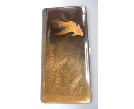 Namiki maki-e cigarette case, a Japanese late Meiji elongated rectangular metal and lacquered case decorated in coloured togi