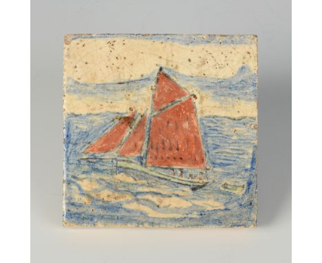 Attributed to Bernard Leach, a 4" pottery tile painted decorated with a French crabber towing a tender, impressed St Ives mar