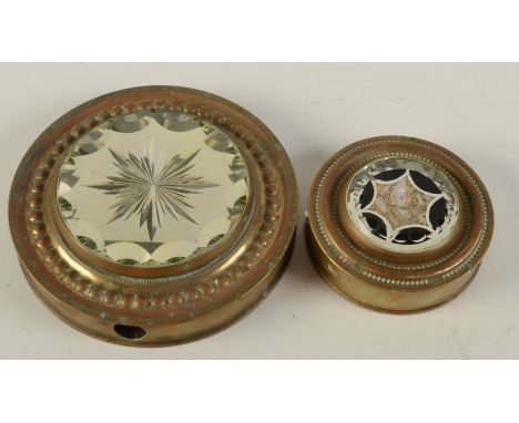 Two late Victorian brass and glass circular light reflectors, one with mother of pearl to the centre, diameters 15cm and 9.5c