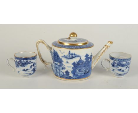 A Chinese blue and white export porcelain teapot and cover, 18th century, gilt decorated with a riverside scene and pagodas, 