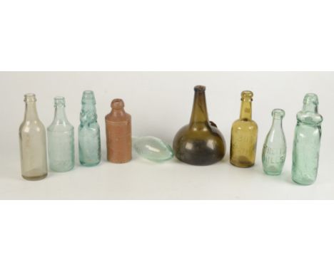 A globe and shaft green glass wine bottle, height 20cm, a codd bottle and other bottles   Condition report:  No Seal