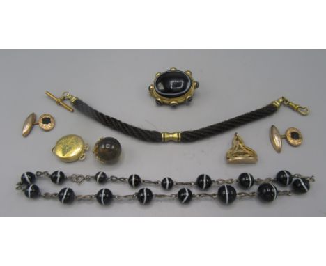 A silver and banded agate bead necklace, a Victorian banded agate brooch, a pearl set locket etc. 