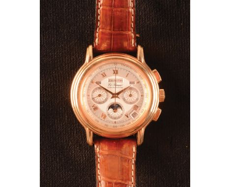 A Zenith 18ct rose gold El Primero moonphase chronometer, the open back case showing 31 jewel calibre 410 movement, No. 17 02