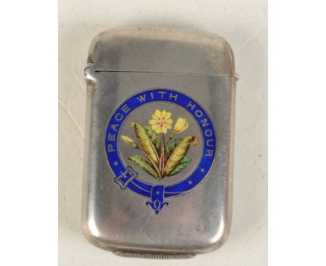 An enamelled silver vesta case with a primrose in surrounded by the motto 'Peace With Honor', Birmingham 1885. This marks Dis