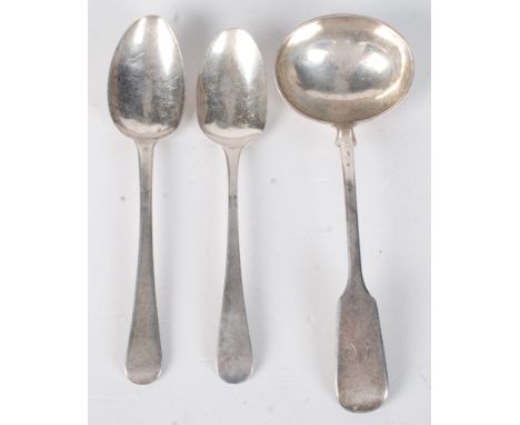 A Victorian Exeter silver fiddle pattern sauce ladle and two George III Old English pattern silver dessert spoons, 3.8oz.