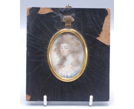 An 18th century miniature portrait in the manner of Cosway, inscribed to the back, Mrs John Shuttleworth (Nee Bradley of Alde