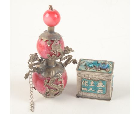 A Chinese silver and enamel box, the cover decorated with a dog of fo, calligraphy panels to front and back, worn maker's mar