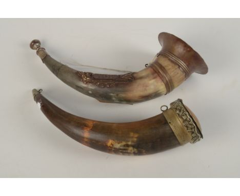 A horn metal mounted snuff mull, 19th century, the cover inscribed 'Lion Hotel Settle', length 30cm and an Ancient Order of F
