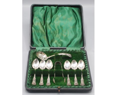 A set of six Edwardian Kings pattern silver coffee spoons with matching tongs and sugar casting spoon, cased. 