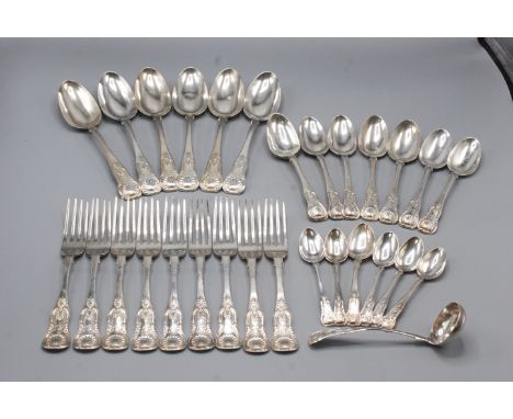 A suite of Victorian Edinburgh Kings pattern cutlery, comprising eight dessert spoons, six tablespoons, nine table forks, fiv