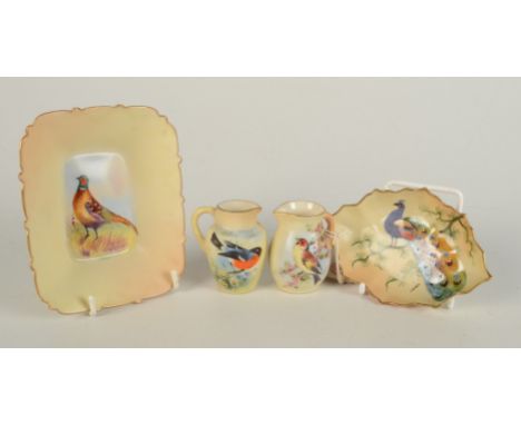 Two Locke & Co Worcester blush ivory porcelain pin trays, signed W. Stinton and H.Wall and two bird decorated miniature jugs,