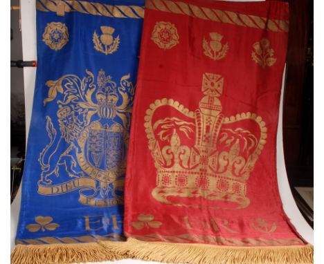 Two Elizabeth II banners, one with a coat of arms, length 142cm, the other with a crown, length 144cm.
