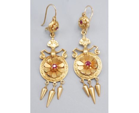 A pair of 14ct gold Victorian style Etruscan revival earrings, each set a ruby.