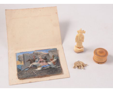 A portrait miniature showing a blackamoor abducting a maiden, together with three other pieces.