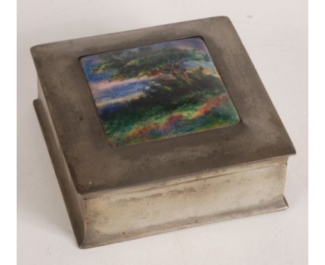 A Liberty Tudric enamelled pewter cigarette box, the cover with inset enamelled panel showing a tree in a landscape, impresse