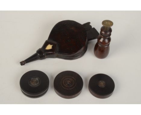 A treen snuff box, 19th century, in the form of a miniature pair of bellows, pin work inscription, length 13.5cm, a Victorian