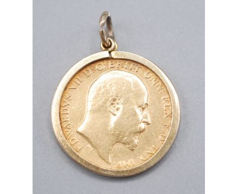 An Edward Vll half sovereign, 1910, good very fine, in loose ring mount, 4.9g.