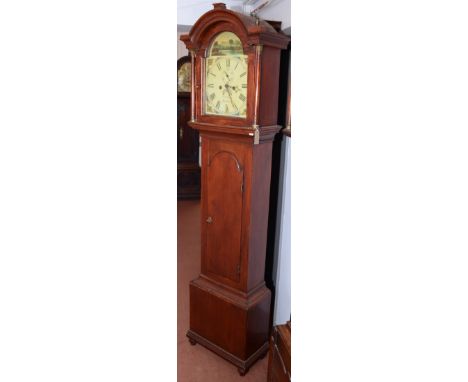 A mahogany eight day longcase clock, signed 'J.M Read, Helstone', the painted arched dial decorated with a castle and river s