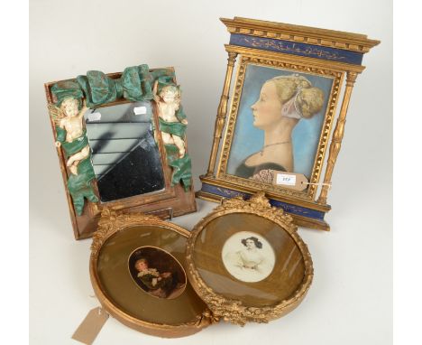 A portrait of a lady in a gilt painted tabernacle frame, 19th century, 39 x 29.5cm, two oval gilt framed prints and an Alan W