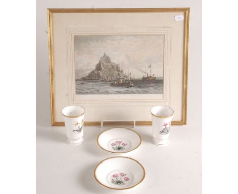A pair of Royal Worcester fine bone china cups and saucers and a framed engraving entitled 'The Royal Yacht off Mount St Mich