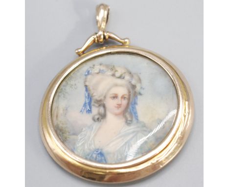 An Edwardian gold pendant set with a portrait miniature of a fashionable 18th century French lady, indistinctly signed, Birmi