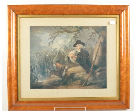 A birds eye maple framed engraving of a hunting scene, original paper label to reverse 'A. & F. Ponzini & Co. 22, Hatton Gard