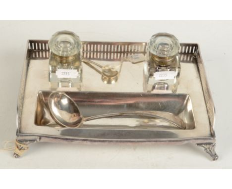 A Silver plated inkstand, length 20.4cm, ladle and miniature spoon.