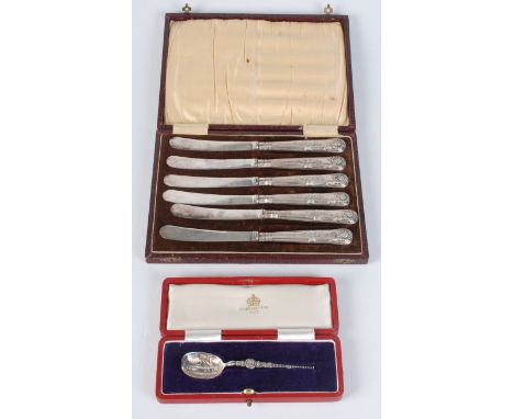 A silver copy of the Coronation annointing spoon made to mark the 1937 Coronation, original box, together with a set of six c