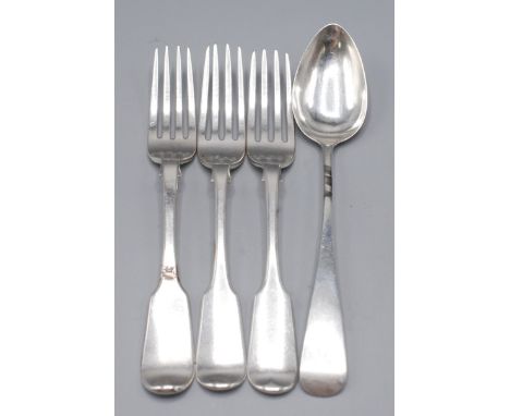Three Victorian fiddle pattern dessert forks and a Victorian Glasgow Old English pattern dessert spoon, 6oz.