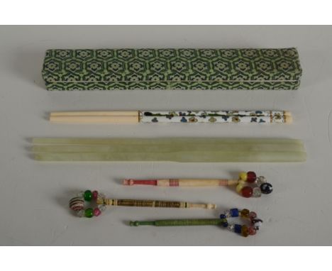 A pair of cloisonne and bone chopsticks, length 21.5cm, together with three hardstone chopsticks, possibly jade and three bon