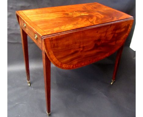 A fine Hepplewhite period mahogany Pembroke table, the satinwood crossbanded top inlaid to the centre with a shield, an axe, 