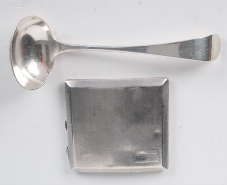 An Old English pattern sauce ladle and an engine turned cigarette case, 6.3oz.