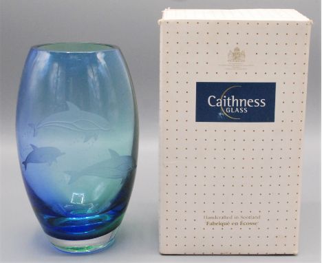 A Caithness glass vase decorated with dolphins, with original box, height 18cm, a Coalport 'Ming Rose' trinket box and a dres