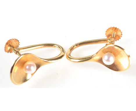 A pair of Georg Jensen 18ct gold and pearl earrings, pattern number 1159, London 1978 hallmark. Retailers box of John Copping