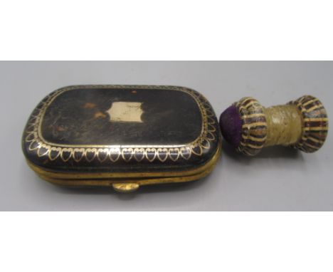 A Tunbridge ware needle wax/pin cushion together with a tortoiseshell purse.