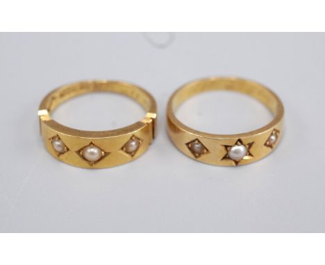 A Victorian high purity gold ring gypsy set with three pearls, inscribed A.C.G. from B.M.R. August 4th, 1878, together with a