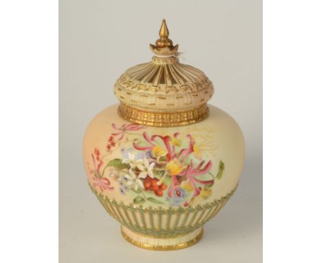 A Royal Worcester blush ivory pot pourri vase and cover, with floral decoration, shape number 1286, height 19cm.   Condition 