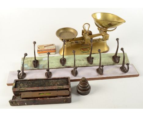 A Set of C.W. Brecknell Ltd kitchen scales and various weights, a John Rabone & Son brass spirit level, length 20.3cm and two