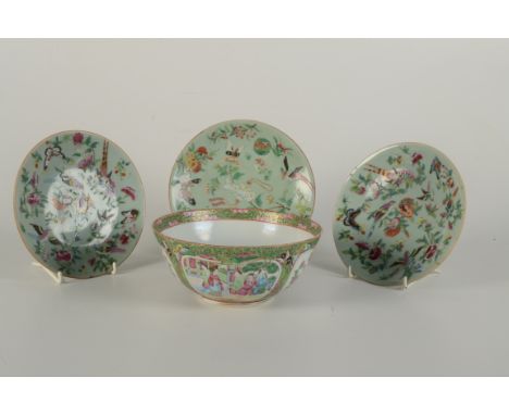 A Chinese Canton bowl, 19th century, the panels with interior scenes of figures, others with birds, butterflies and foliage, 