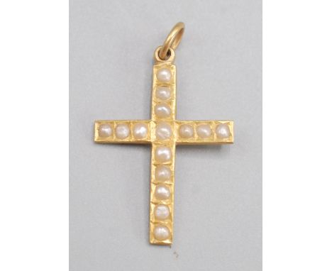 A very high purity gold pearl set cross. 2.5g.