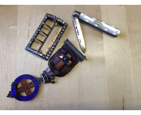 Georgian paste buckle, fruit knife and silver medal