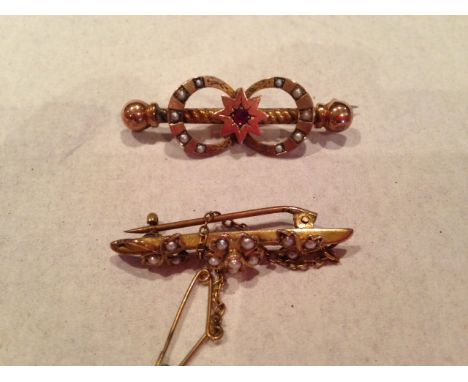 Two 19th c 9ct gold and seed pearl bar brooches