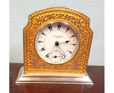 Enamelled silver miniature mantle clock by Chaumet Paris marked 935