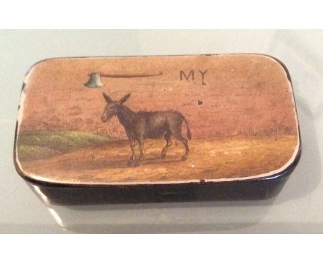 A 19th c papier mache snuff box with rebus AXE MY ASS for Ask My Arse which was a common reply to any question in the reign o