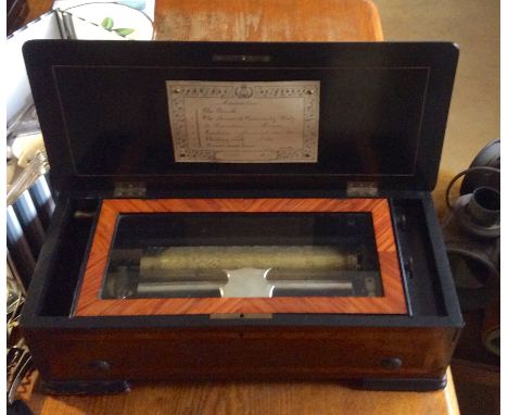 Good quality Swiss music box playing 6 airs on 28 cm brass cylinder in rosewood and inlay case comb undamaged
