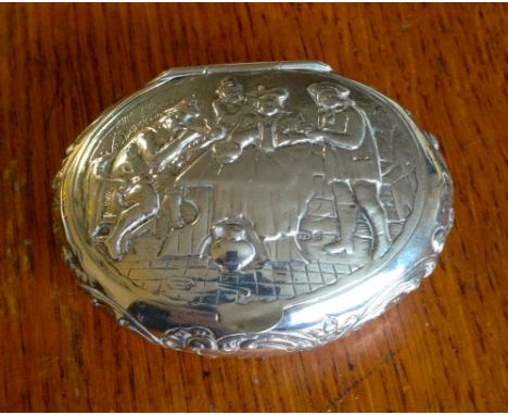 Continental silver snuff/tobacco box with embossed tavern scene import marks for Edinburgh