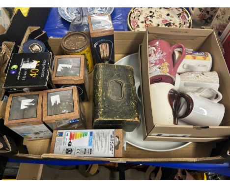 Box of various mugs, light bulbs etc